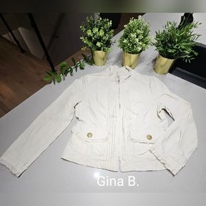 GINA B. Superbe blazer de qualité en lin beige clair avec boutons dorés